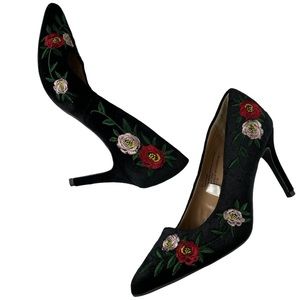 A New Day Embroidered Floral Pointed-toe High Heels Black Pink Target 6.5 Shoes